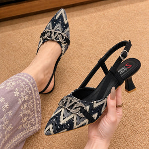 Floral Embroidered Chain Slingback