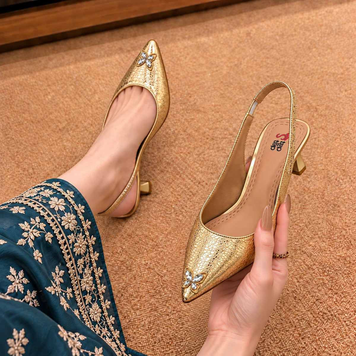 Golden Floral Embellished Slingback Heels
