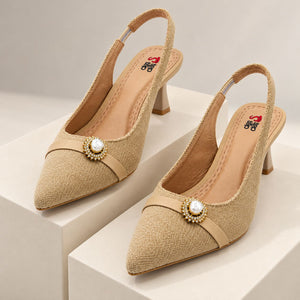 Beige Tweed Pearl-Brooch Slingback Heels