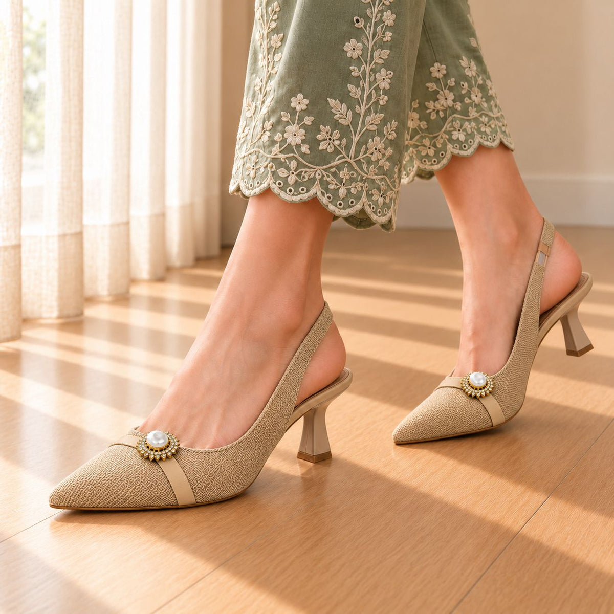 Beige Tweed Pearl-Brooch Slingback Heels