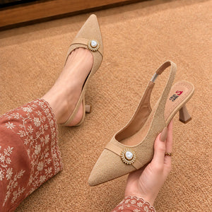 Beige Tweed Pearl-Brooch Slingback Heels