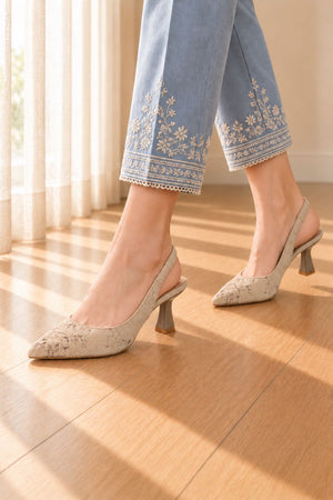 Beige Floral-Print Pointed-Toe Slingback Heels